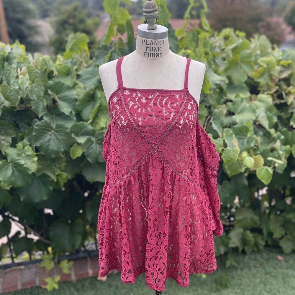 Mink Pink Sheer Lace Deep Red Romantic Boho Fairy Tunic Dress Small